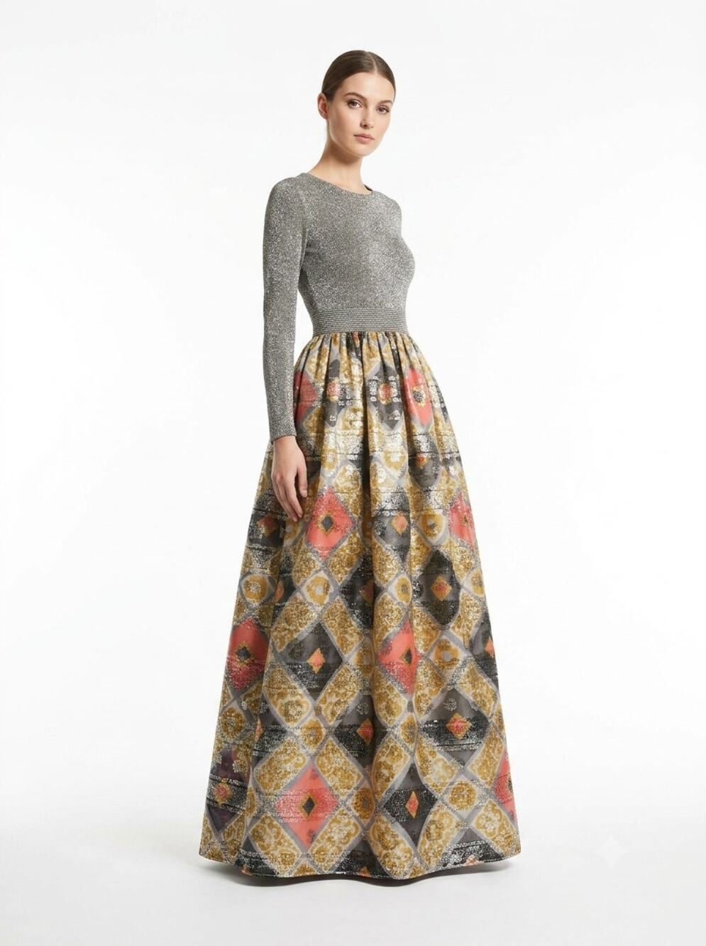 VTG Tannel Knits Maxi Dress Womens 8 Multicolor Metallic Geometric Scoop Neck